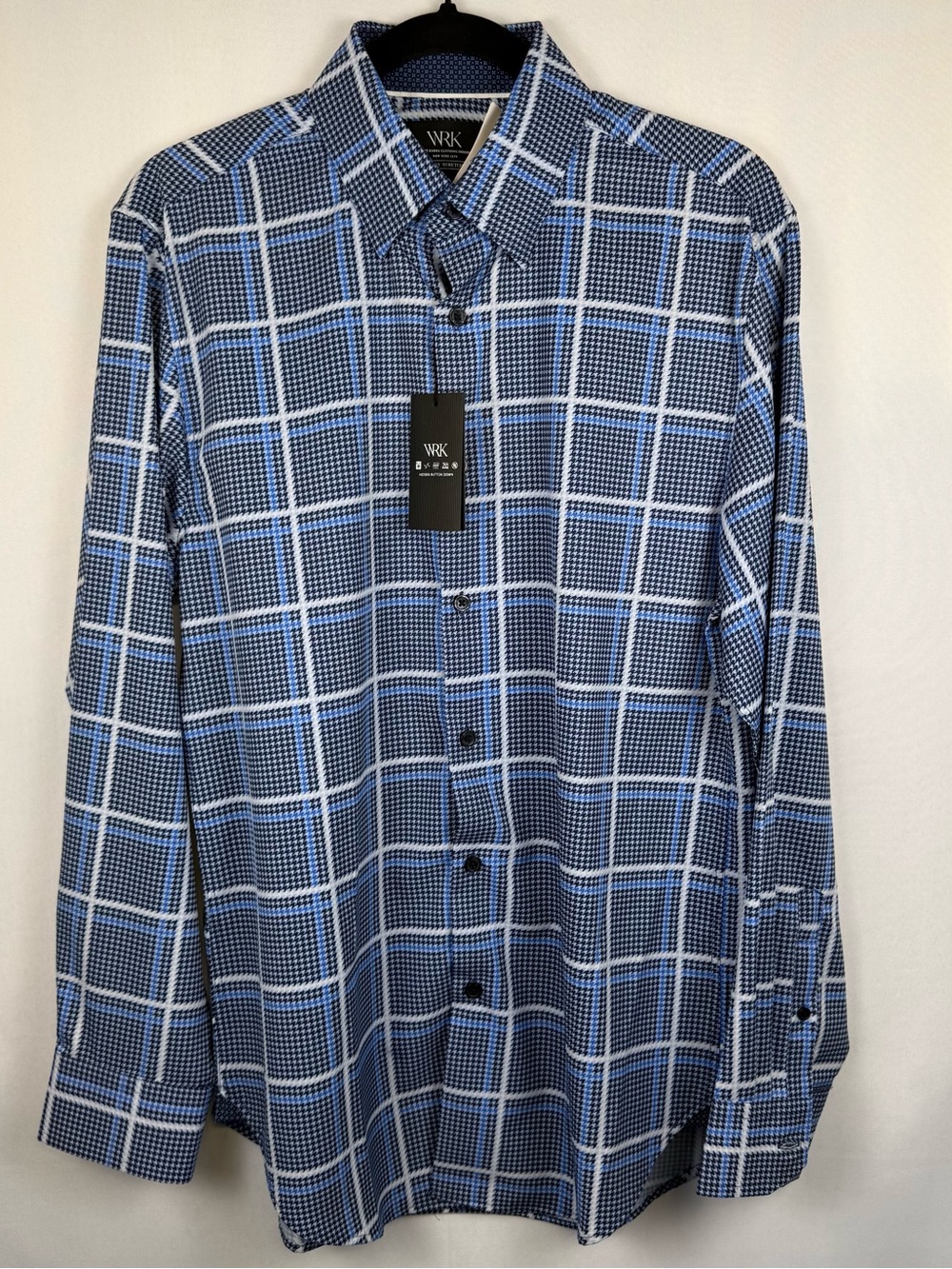 WRK 4 Way Stretch Houndstooth Windowpane Shirt 15.5 Blue White